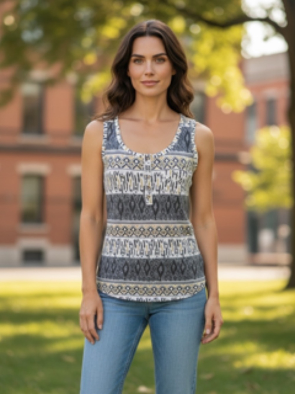 Sonoma Sleeveless Scoop Neck 5 Center Button Textured Tribal Pattern Tank Size L
